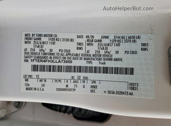 1FTER4FH3LLA73950 2020 FORD RANGER Белый Вид наклейки с VIN-кодом