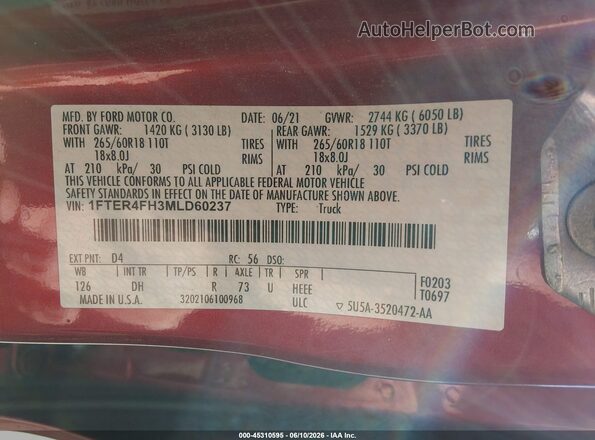 1FTER4FH3MLD60237 2021 FORD RANGER Burgundy Вид підкапотного простору