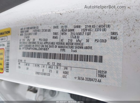 1FTER4FH3NLD01657 2022 FORD RANGER Белый Вид подкапотного пространства