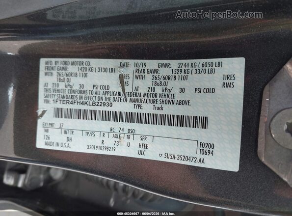 1FTER4FH4KLB22930 2019 FORD RANGER Gray Շարժիչի բաժամունքի տեսք