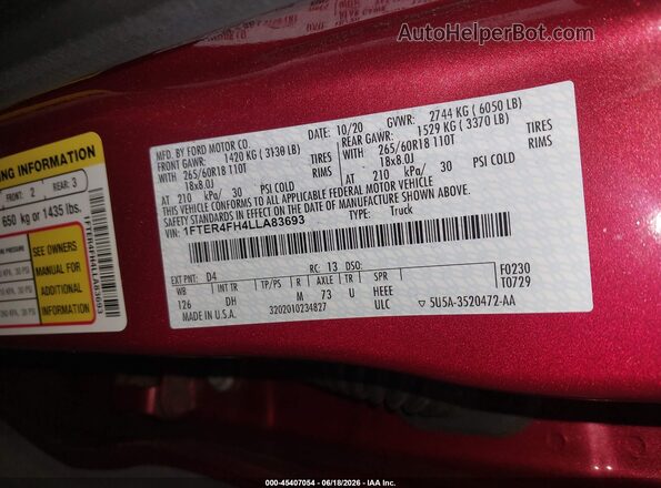 1FTER4FH4LLA83693 2020 FORD RANGER Red Vista del compartimento del motor