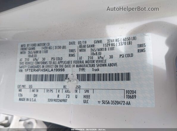 1FTER4FH5KLA19998 2019 FORD RANGER White Вид підкапотного простору