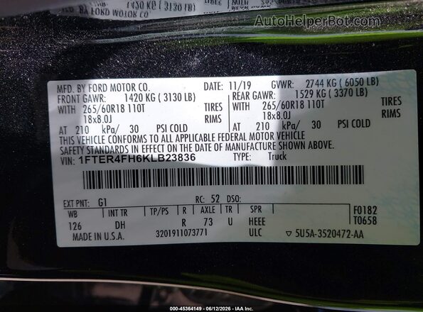 1FTER4FH6KLB23836 2019 FORD RANGER Черный Вид подкапотного пространства