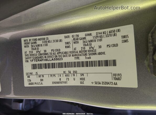 1FTER4FH6LLA55023 2020 FORD RANGER Silver Vista del compartimento del motor