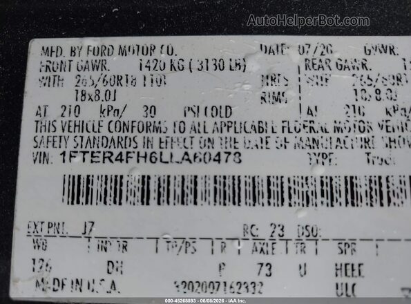 1FTER4FH6LLA60478 2020 FORD RANGER Gray Engine compartment view