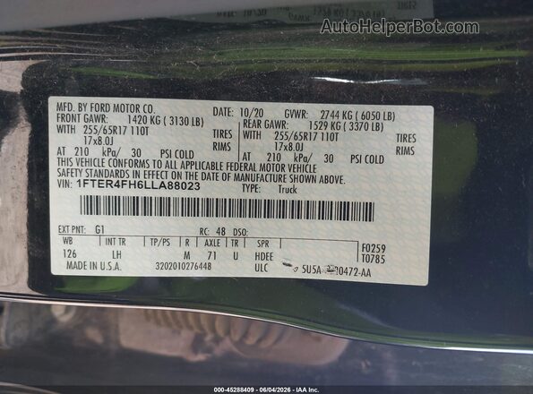 1FTER4FH6LLA88023 2020 FORD RANGER Black ძრავის განყოფილების ხედი