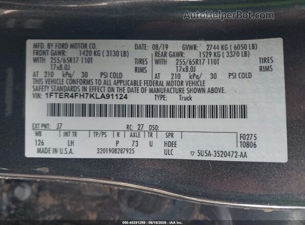 1FTER4FH7KLA91124 2019 FORD RANGER Gray Widok komory silnika