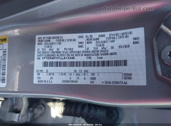 1FTER4FH7LLA13346 2020 FORD RANGER Silver Շարժիչի բաժամունքի տեսք