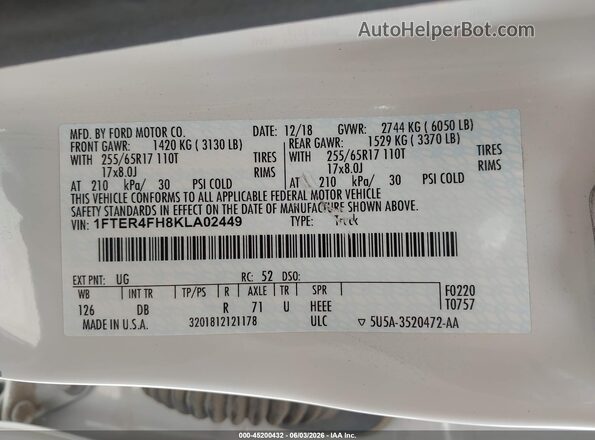 1FTER4FH8KLA02449 2019 FORD RANGER White ძრავის განყოფილების ხედი