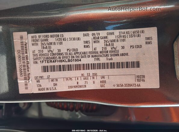 1FTER4FH8KLB01904 2019 FORD RANGER Gray Շարժիչի բաժամունքի տեսք
