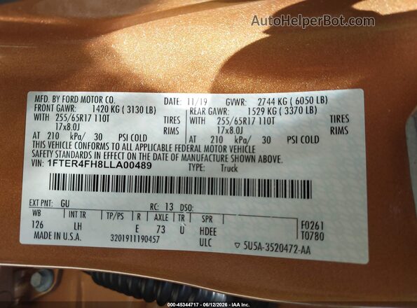 1FTER4FH8LLA00489 2020 FORD RANGER Orange Вид підкапотного простору