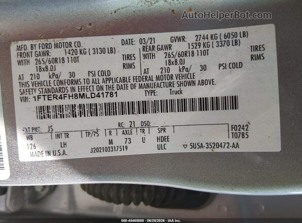 1FTER4FH8MLD41781 2021 FORD RANGER Silver Engine compartment view
