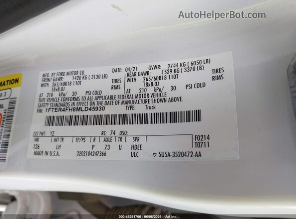 1FTER4FH8MLD45930 2021 FORD RANGER White 