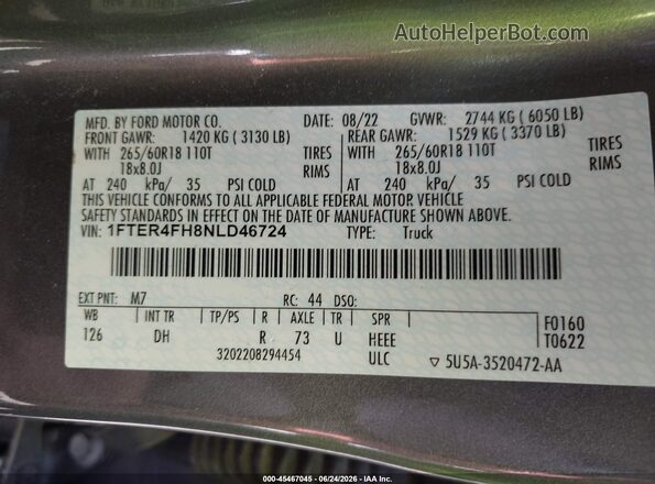 1FTER4FH8NLD46724 2022 FORD RANGER Gray Engine compartment view