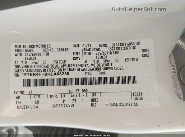 1FTER4FH9KLA08289 2019 FORD RANGER White Vista del compartimento del motor