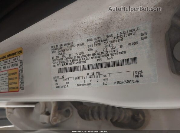 1FTER4FH9KLA82893 2019 FORD RANGER Белый Вид подкапотного пространства