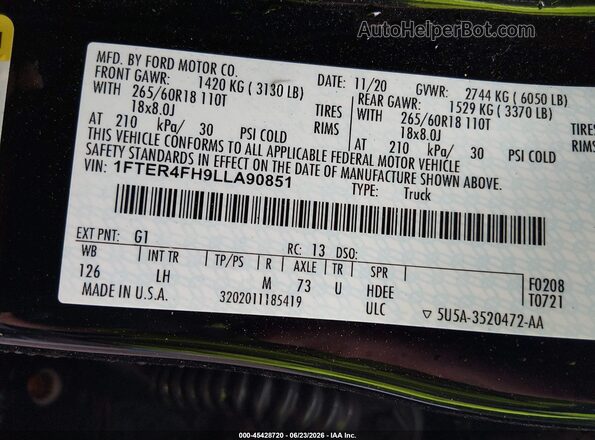 1FTER4FH9LLA90851 2020 FORD RANGER Black Շարժիչի բաժամունքի տեսք