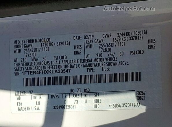 1FTER4FHXKLA20547 2019 FORD RANGER White Vista del compartimento del motor