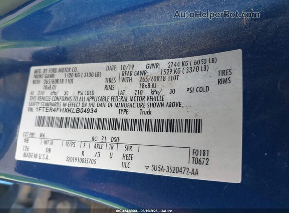 1FTER4FHXKLB04934 2019 FORD RANGER Blue Շարժիչի բաժամունքի տեսք
