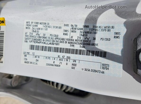 1FTER4FHXLLA50181 2020 FORD RANGER White Շարժիչի բաժամունքի տեսք