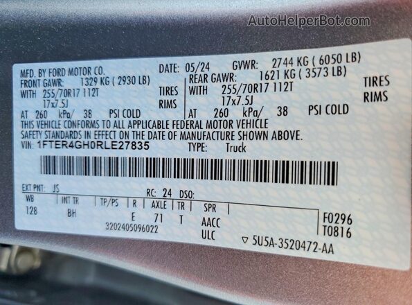 1FTER4GH0RLE27835 2024 FORD RANGER Silver Vista de la etiqueta del VIN