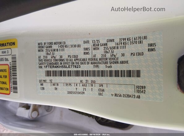 1FTER4KH5SLE77823 2025 FORD RANGER White Engine compartment view