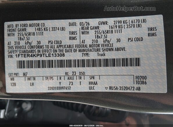 1FTER4KP9TLE13308 2026 FORD RANGER Серый Вид подкапотного пространства