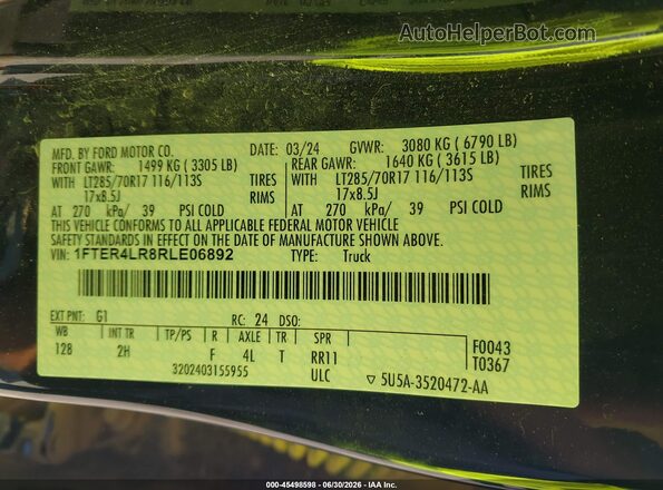 1FTER4LR8RLE06892 2024 FORD RANGER Black Շարժիչի բաժամունքի տեսք
