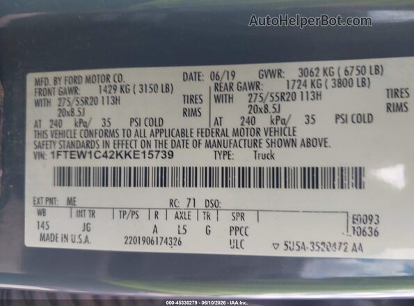 1FTEW1C42KKE15739 2019 FORD F150 Gray Vista del compartimento del motor