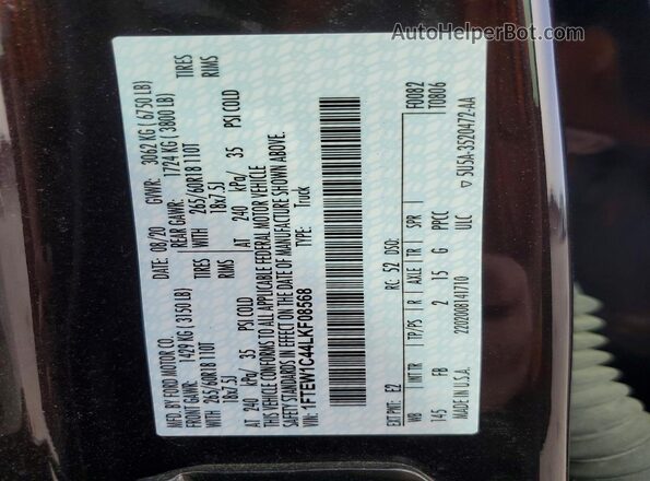 1FTEW1C44LKF08568 2020 FORD F150 Black Vista de la etiqueta del VIN