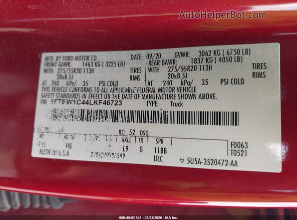 1FTEW1C44LKF46723 2020 FORD F150 Красный Вид подкапотного пространства