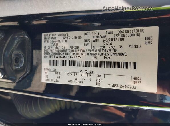 1FTEW1C45LFA21775 2020 FORD F150 Black Вид підкапотного простору