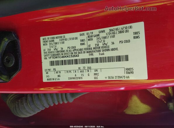 1FTEW1C46KKC52643 2019 FORD F150 Red Vista del compartimento del motor