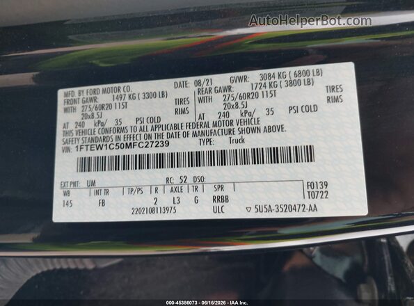 1FTEW1C50MFC27239 2021 FORD F150 Black Вид підкапотного простору