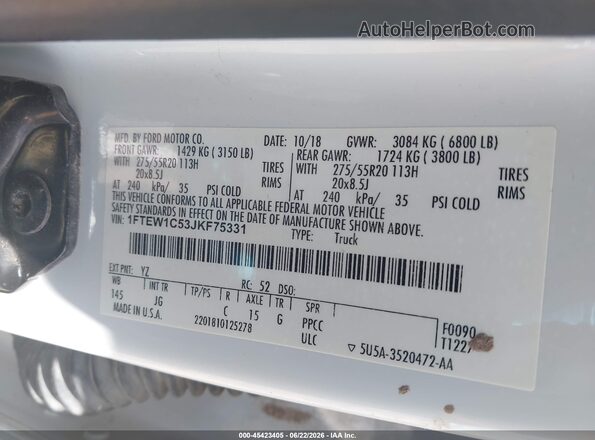 1FTEW1C53JKF75331 2018 FORD F150 Белый Вид подкапотного пространства