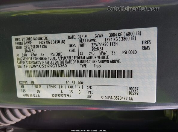 1FTEW1C53KKC76360 2019 FORD F150 Gray ძრავის განყოფილების ხედი