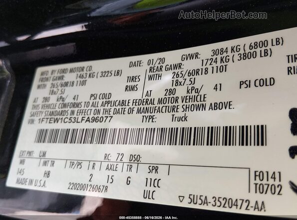1FTEW1C53LFA96077 2020 FORD F150 Black Widok komory silnika