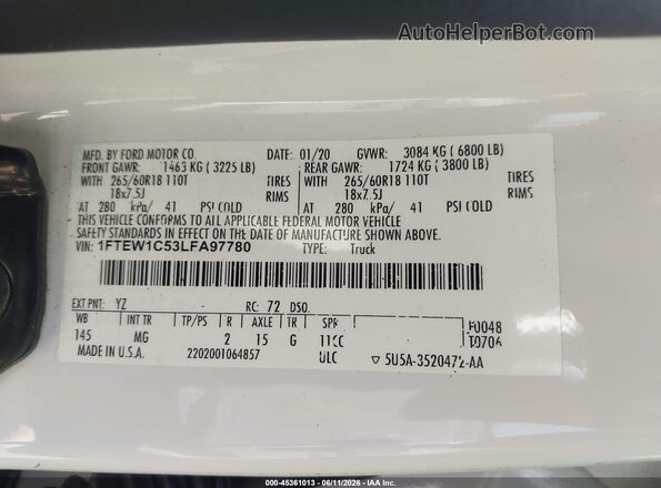 1FTEW1C53LFA97780 2020 FORD F150 White Vista del compartimento del motor