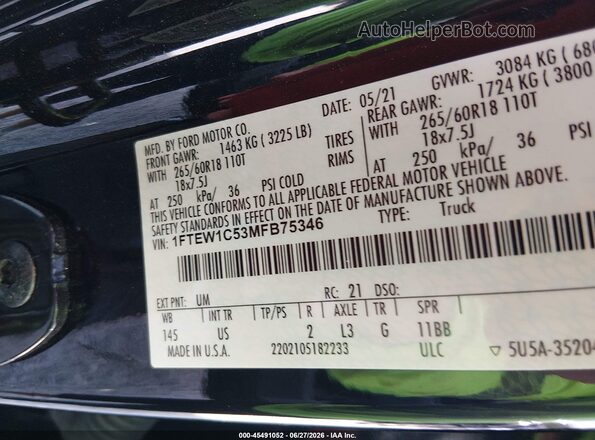 1FTEW1C53MFB75346 2021 FORD F150 Black Вид підкапотного простору
