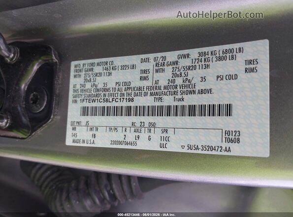 1FTEW1C58LFC17198 2020 FORD F150 Silver Շարժիչի բաժամունքի տեսք
