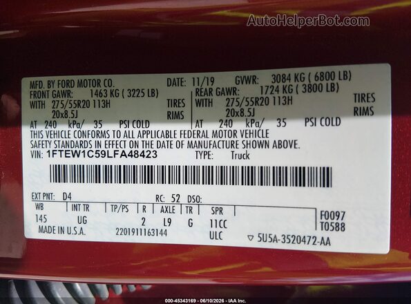 1FTEW1C59LFA48423 2020 FORD F150 Red Вид підкапотного простору