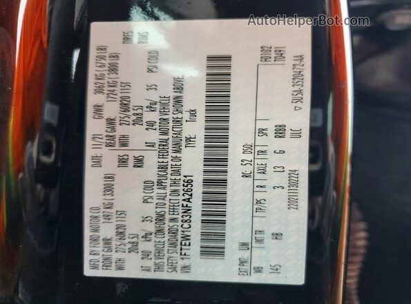 1FTEW1C83NFA26561 2022 FORD F150 Black Vista de la etiqueta del VIN