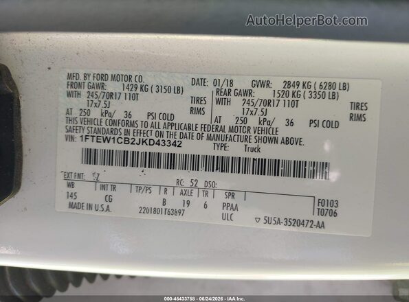 1FTEW1CB2JKD43342 2018 FORD F150 White Вид підкапотного простору
