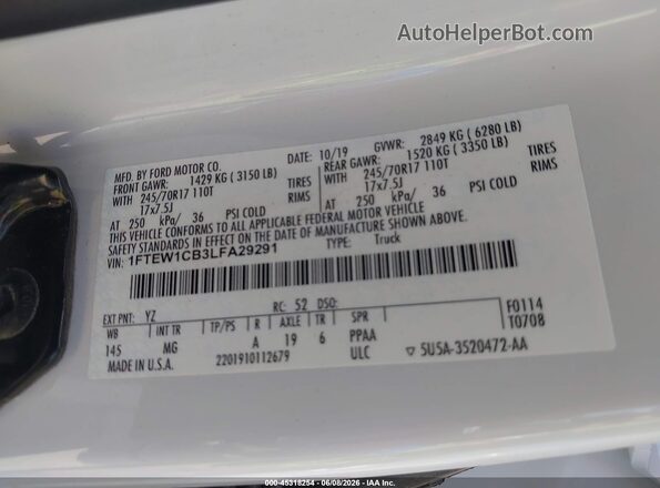 1FTEW1CB3LFA29291 2020 FORD F150 White Շարժիչի բաժամունքի տեսք