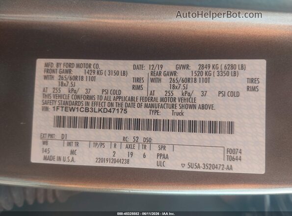 1FTEW1CB3LKD47175 2020 FORD F150 Brown ძრავის განყოფილების ხედი