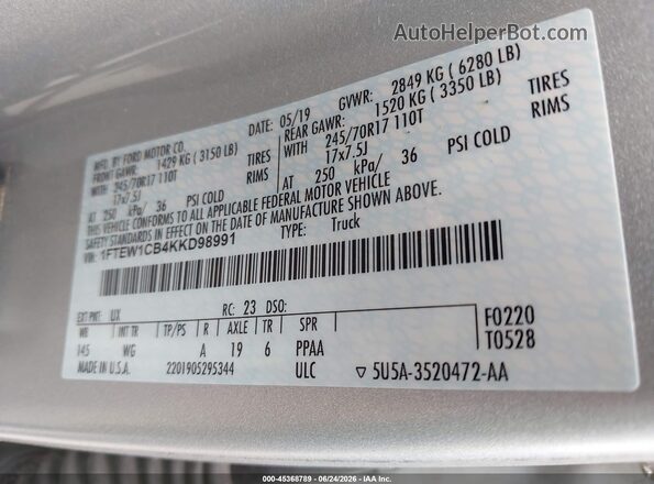 1FTEW1CB4KKD98991 2019 FORD F150 Серебряный Вид подкапотного пространства