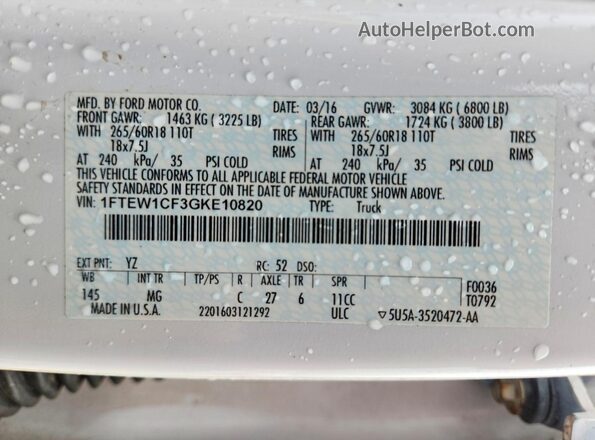 1FTEW1CF3GKE10820 2016 FORD F150 White Շարժիչի բաժամունքի տեսք