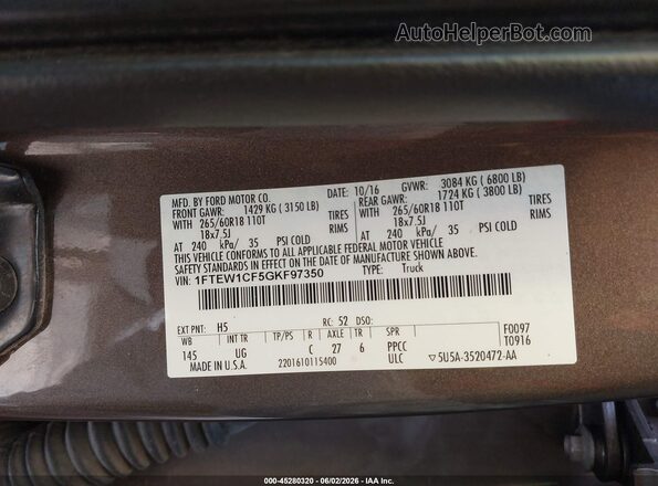 1FTEW1CF5GKF97350 2016 FORD F150 Brown Շարժիչի բաժամունքի տեսք