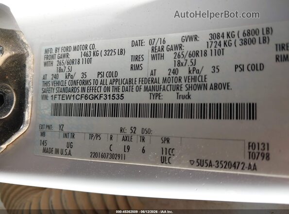 1FTEW1CF6GKF31535 2016 FORD F150 Белый 