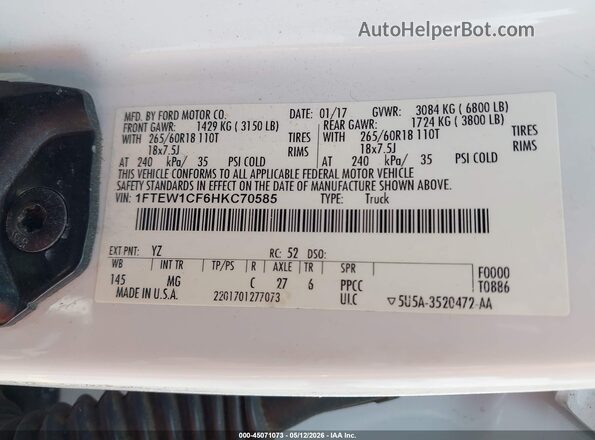 1FTEW1CF6HKC70585 2017 FORD F150 Белый Вид подкапотного пространства